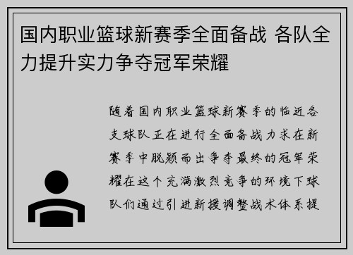 国内职业篮球新赛季全面备战 各队全力提升实力争夺冠军荣耀