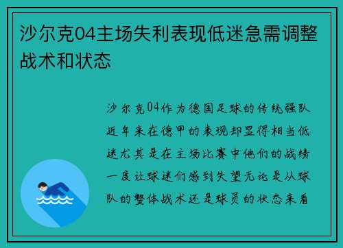 沙尔克04主场失利表现低迷急需调整战术和状态